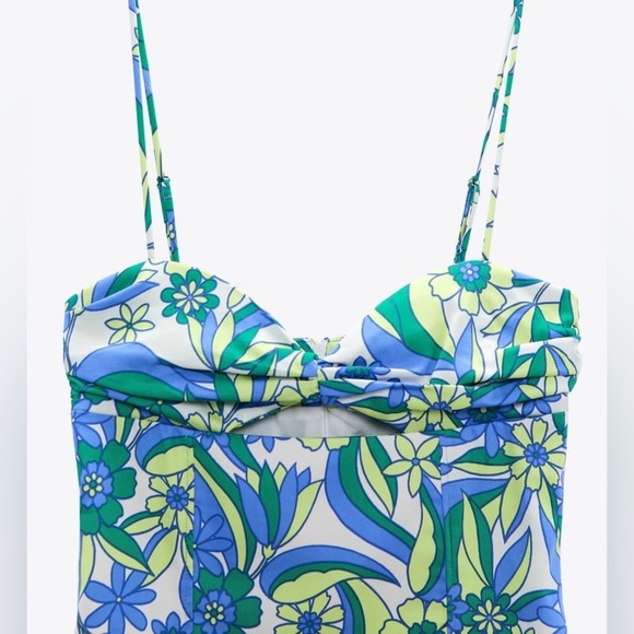 🌹NWT. Zara Blue/Green Floral Print Cut-Out Mini Dress. Size XL. - Picture 5 of 11